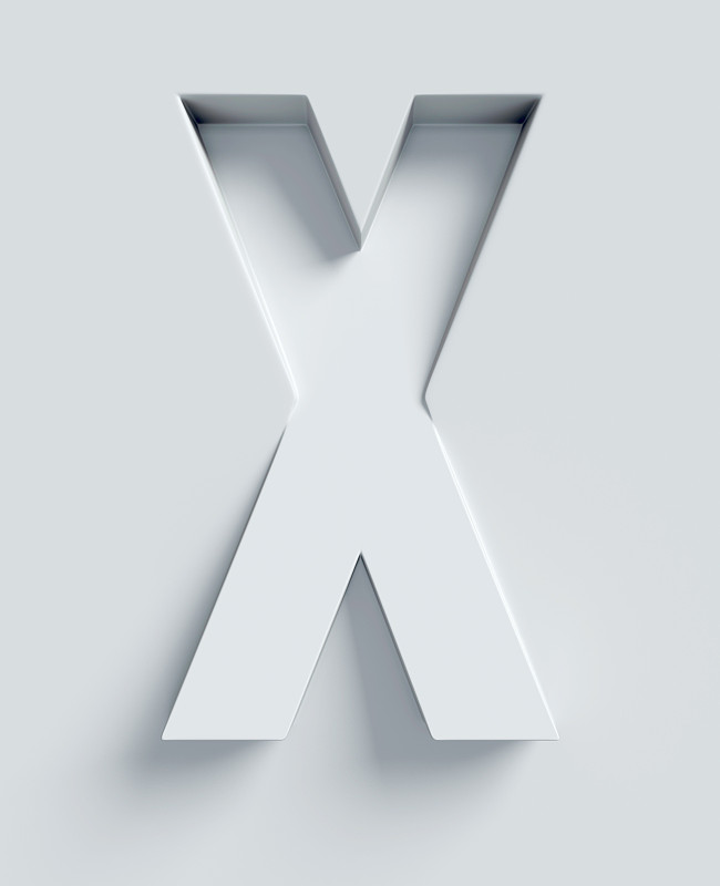 字母X倾斜的3d字体雕刻和挤压从表面
