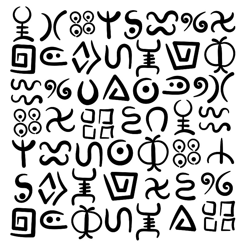 一组抽象的非洲部落符号。古代民族传统符号的矢量涂鸦。