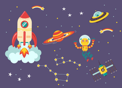Funny kids space transport set. Spaceship, UFO, sp