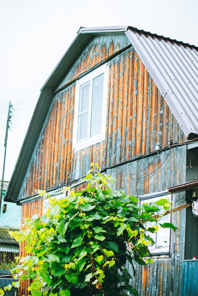 旧的乡村夏季别墅与新的金属屋顶在雨天的秋天