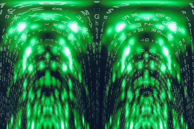绿蓝矩阵数字背景。扭曲的网络空间的概念。人物倒了。来自符号流的矩阵。虚拟现实设计。复杂的算法数据黑客