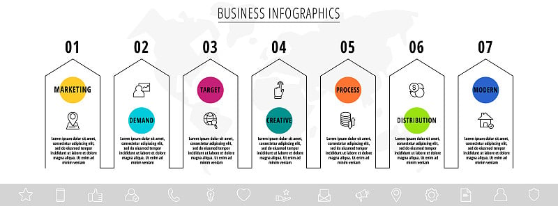 信息图箭头。矢量线经营理念7步、选项、圆。模板与七种方式的图表