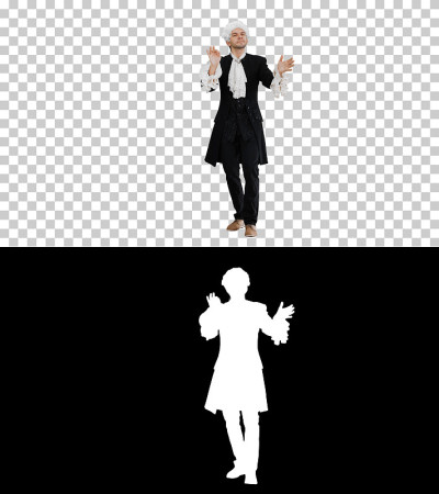 Man dressed like Mozart conducting expressively wh
