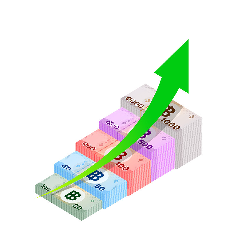 钞票泰铢，箭头向上，成功增长概念，货币1000、500、100、50、20泰铢孤立于白色，钞票泰铢和