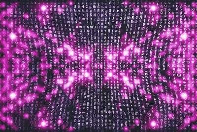 粉色矩阵数字背景。抽象的网络空间的概念。人物倒了。来自符号流的矩阵。虚拟现实设计。复杂的算法数据黑客