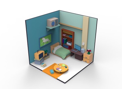 低聚卡通儿童房3d插图3d渲染