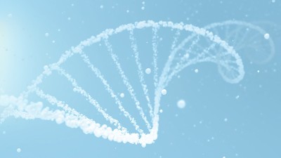 浅蓝色和白色化妆品水泡DNA和mRNA美丽螺旋背景与细胞液滴和复制空间