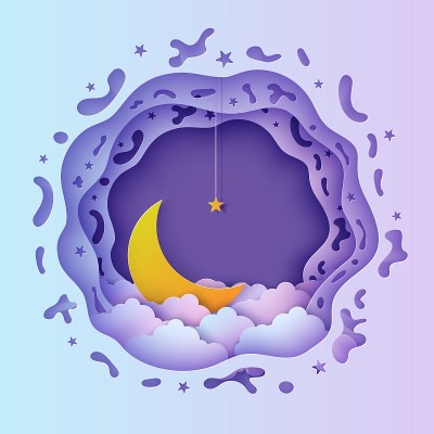 夜空圆框与云金色星星绳和月亮剪纸风格。剪出3d童话背景与新月和多云的景观剪纸艺术。向量梦般的卡片为祝