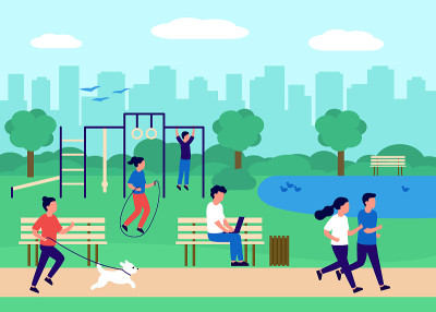 人们聚集在城市的城市公园里，在大自然中运动，积极锻炼，坐在长凳上用工作笔记本电脑。城市景观，人们进行