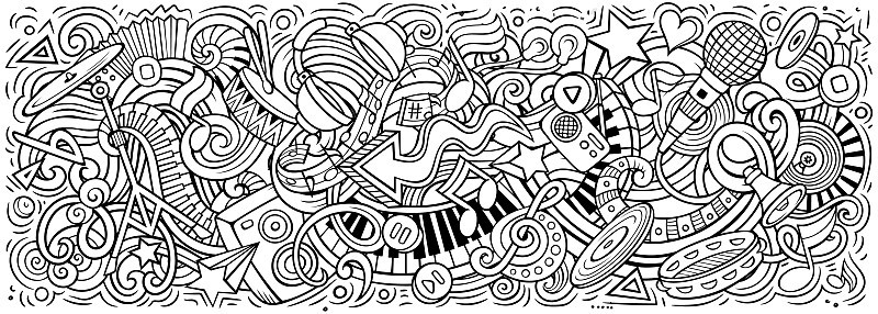 音乐手绘卡通涂鸦插图。丰富多彩的向量横幅