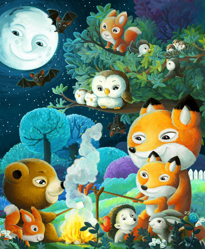 卡通场景与森林里的动物朋友们一起玩插图