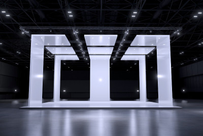 实物模型和企业形象展示台，展示。空的展台设计。展厅零售摊位设计元素。展位设计贸易展。空白展台系统的图