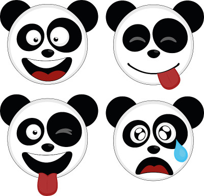 向量插图卡通熊猫熊与各种表情:眨眼，伸出舌头，笑，悲伤