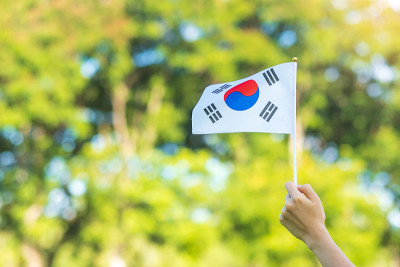 在自然背景中手举太极旗。建国、开川节、国民公休日、光复节、快乐庆典等概念