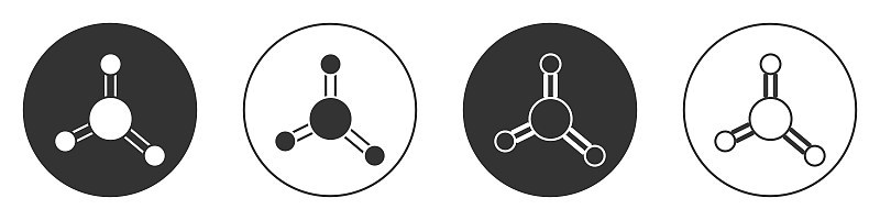 黑色分子图标孤立在白色背景。化学分子结构，科学教师创新教育海报。圆按钮。向量