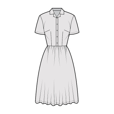 礼服衬衫技术时尚插图与短袖，长及膝长裙，经典亨利领。平