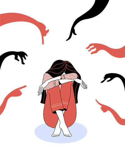 Stressed woman and numerous hands with pointing fi