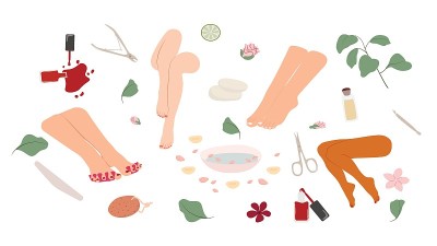 的插图。女性足部有修脚、修脚工具、花。整容手术。脚部及指甲皮肤护理。