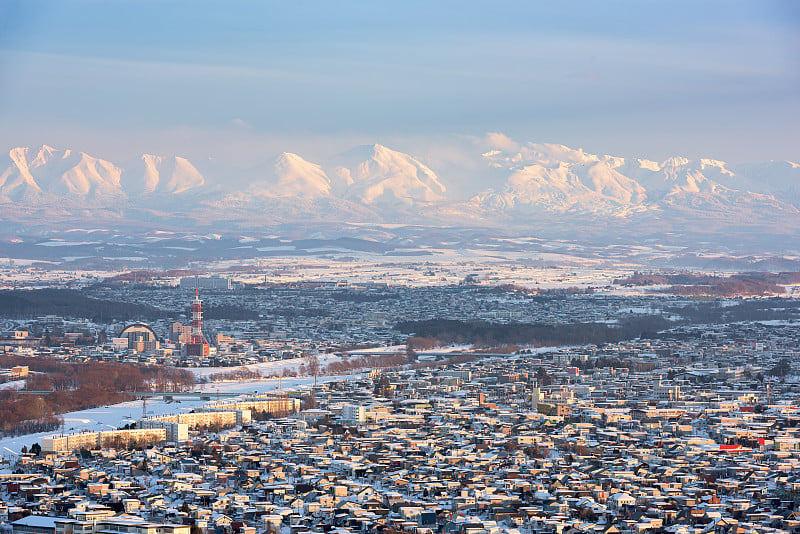 朝川，日本北海道冬季城市景观