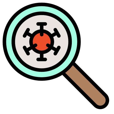 放大玻璃与病毒矢量插图，填充样式图标