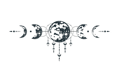 天上的月亮插图。神秘的月相纹身。精神空间。