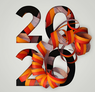 2020年新年快乐。节日活动的迹象。创意排版与彩色streamers。在presentattion章