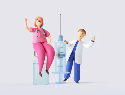 3d渲染卡通人物，两名医生男女给疫苗接种的建议。医疗剪辑艺术孤立的白色背景。