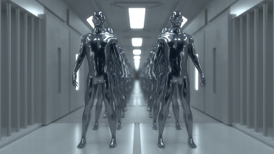 3 d渲染。未来场景和人形人物