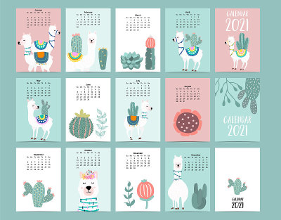 Cute animal calendar 2021 with llama, alpaca, cact