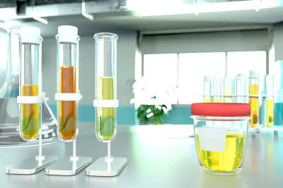 新型冠状病毒(covid-2019)尿样检测或尿蛋白检测——现代生物化学办公室实验室试管，医学3D插