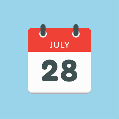 图标日历日7月28日，一年中夏季的日子