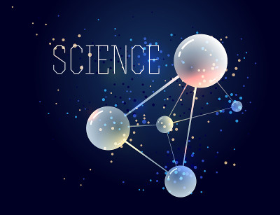 分子矢量抽象背景，三维立体科学化学物理主题设计元素，原子粒子微纳米科学插画。