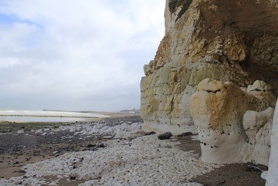 法国诺曼底落潮的雪花石膏悬崖海岸旁边的海滩