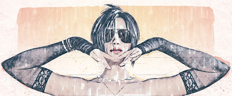 美丽与时尚的概念:时尚美丽的时尚女人在太阳镜，特写在素描，漫画风格。