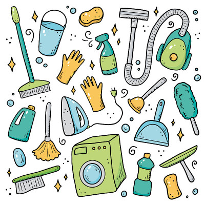 Hand drawn set of cleaning equipments