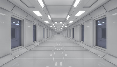 3 d渲染。未来宇宙飞船内部建筑
