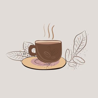 咖啡杯，茶托，咖啡叶，咖啡主题插图