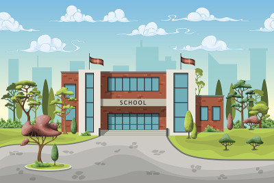 卡通风格的学校建筑插图