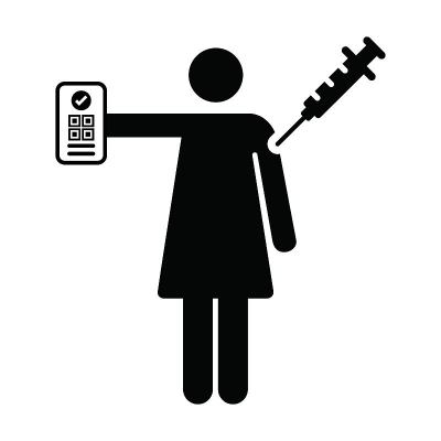 疫苗接种卡图标矢量与女性象形文字符号，用于医疗和保健covid - vid证书的字形