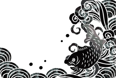 海啸和鱼打印风格矢量插图