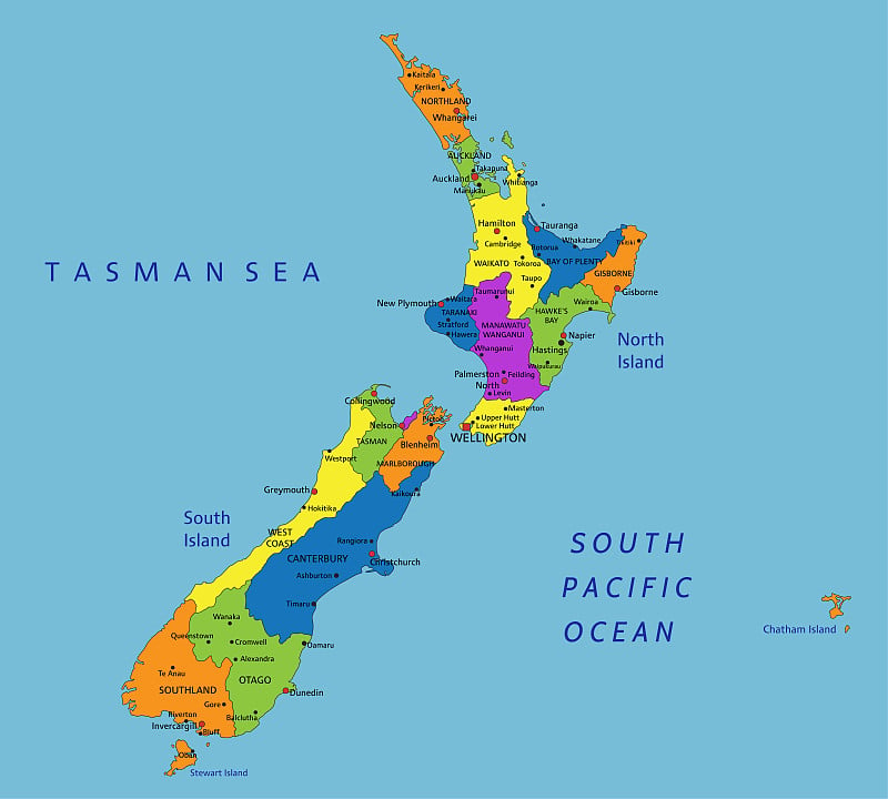 色彩丰富的新西兰政治地图，清楚地标记，分层。