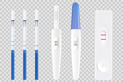 怀孕测试。塑料和纸测试。女性阴性或阳性检测，排卵良好，女性保健，矢量3D逼真图片。