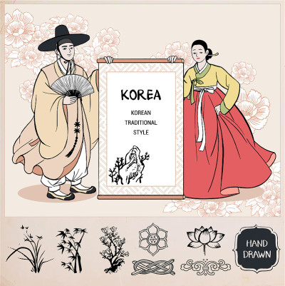 穿着韩国传统服饰，韩服的夫妇。男人和女人举着旗帜。花朵图案的背景。手绘/矢量插图。