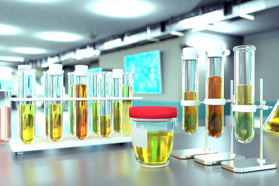 现代生物技术设施中的实验室试管。白细胞酯酶或草酸钙的尿液质量检测，医学3D插图