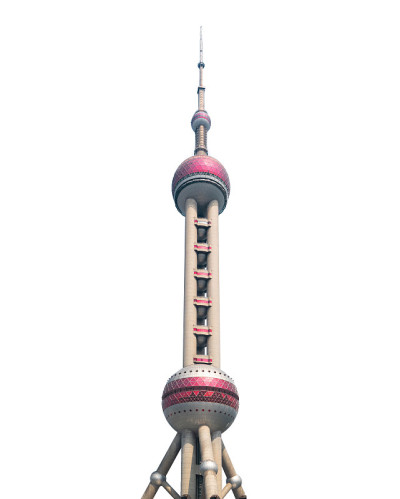 上海东方明珠电视塔大楼孤立在白色背景下的上海市中心天际线，中国