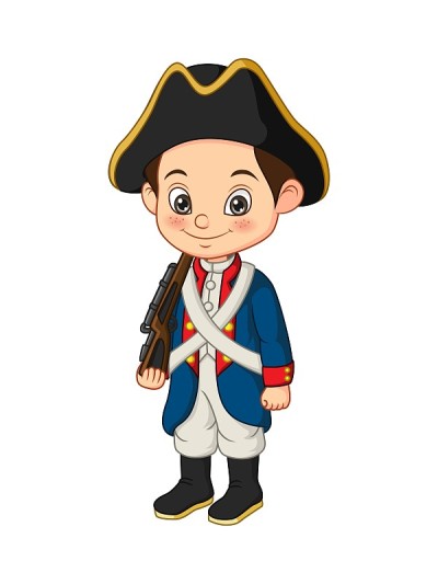 穿着美国独立战争士兵服装的卡通小男孩