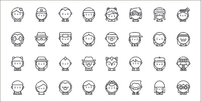 一组32城市部落瘦轮廓图标，如grunge，潮人，预科生，原宿，beatnik，朋克，嬉皮，黑帮，斯