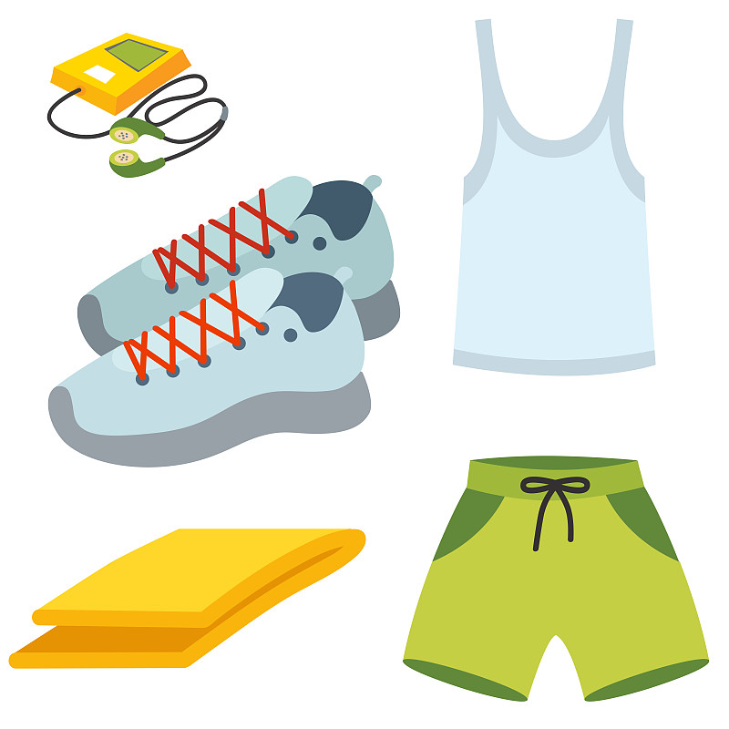 运动服装跑步衣服跑步装备运动锻炼矢量插图