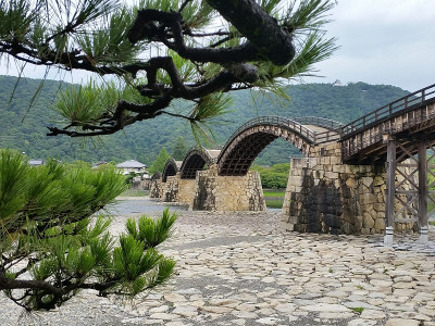 日本山口县岩国市的金泰京桥，以绿色的山为背景