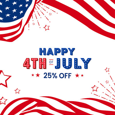 快乐的7月4日现代时尚设计与销售，off, discount, offer, 3d星形字体，印刷设计